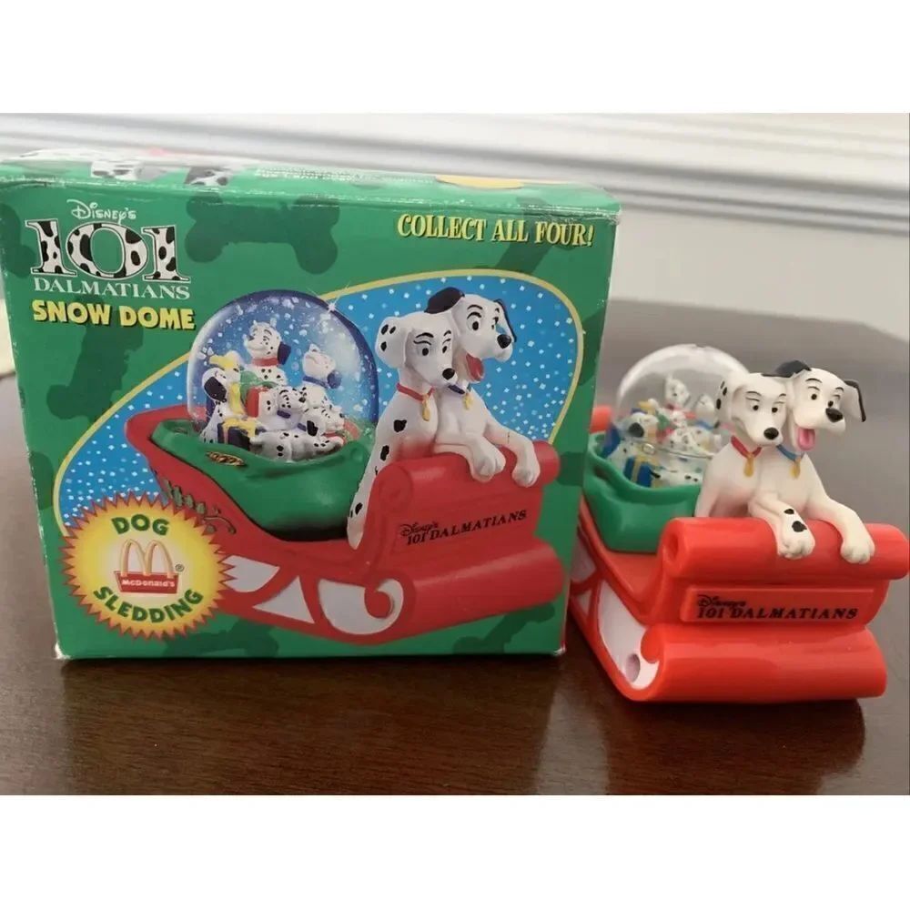 Vintage 1996 McDonalds Disney 101 Dalmatians Sledding Snow Dome Globe With Box
